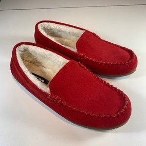 Lands End Red Leather Suede Faux Fur lined Moccasin Slipper Shoes Women's 7